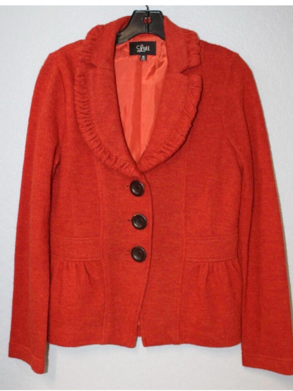 Anthropologie Luii Red Orange Ruffle-Trim Wool Button Blazer Pea Coat